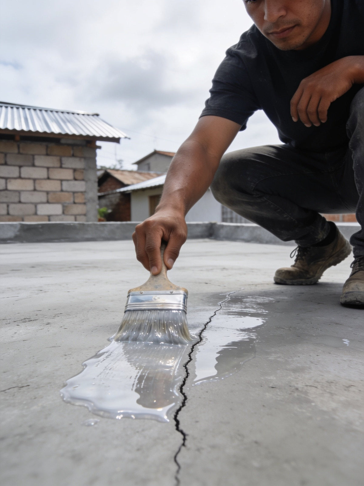 Aplicación de Lluvia Cero con brocha sobre la grieta